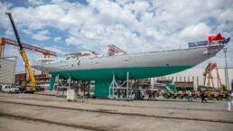 Sailing Yacht Linnea Aurora Hoek Design Truly Classic 128. Large yacht under construction at shipyard