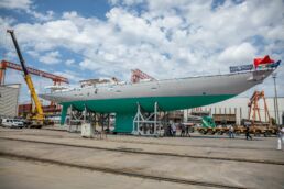 Sailing Yacht Linnea Aurora Hoek Design Truly Classic 128. Large yacht under construction at shipyard