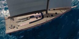 Super Fast Baltic 80 Custom Sailing Yacht. Aerial view of sailboat on ocean