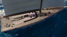 Super Fast Baltic 80 Custom Sailing Yacht. Aerial view of sailboat on ocean