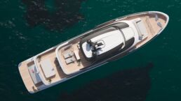 Van der Valk 35m Motor Yacht SAMBA. Aerial view of luxury yacht on water