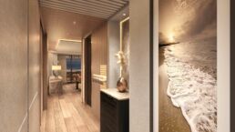 Van der Valk 35m Motor Yacht SAMBA Interior. Luxury hotel hallway leading to a room with beach artwork