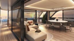 Van der Valk 35m Motor Yacht SAMBA Interior. Luxurious yacht deck at sunset.