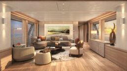 Van der Valk 35m Motor Yacht SAMBA Interior. Modern luxury living room with sunset view.