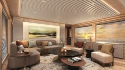 Van der Valk 35m Motor Yacht SAMBA Interior. Modern living room with sunset view