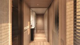 Van der Valk 35m Motor Yacht SAMBA Interior. Modern wooden hallway with natural light