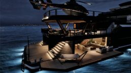 Vripack Supernova 60m explorer yacht. Luxury yacht beach club at night with helicopter onboard.