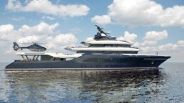 Luxury yacht with helicopter on deck. Vripack Supernova 60m explorer yacht