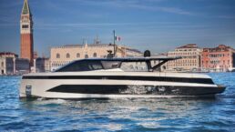 WallyWhy100 Motor Yacht. Modern yacht near historic Venice buildings