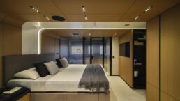 WallyWhy100 Motor Yacht. Modern luxury bedroom with wood elements