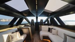 WallyWhy100 Motor Yacht. Luxurious yacht interior with ocean view and skylight.