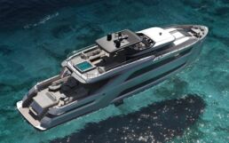 X-95 Motor Yacht Holterman. Luxury yacht sailing on blue ocean water.