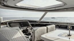 Zeelander 5. Luxury yacht interior overlooking the sea.