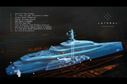 spear 140m Trimaran. Blueprint of a yacht with detailed specifications.