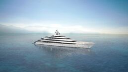 115m Yacht White Coral Mulder Design. Luxury yacht sailing on calm ocean.