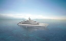 115m Yacht White Coral Mulder Design. Luxury yacht sailing on calm ocean.