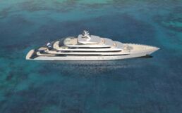 115m Yacht White Coral Mulder Design. Luxury yacht sailing on clear blue water