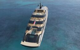 115m Yacht White Coral Mulder Design. Luxury yacht sailing on clear blue water