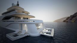 45m Yacht FU Fancy by Dada. Luxurious white yacht on calm waters.