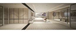 45m Yacht FU Interior Master Suite. Modern minimalist bedroom with large window and dog