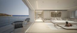 45m Yacht FU Interior Master Suite. Luxury yacht bedroom with a sea view.