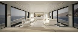 45m Yacht FU Interior Upper Deck Salon. Luxurious yacht lounge with panoramic ocean views