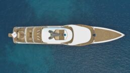 70m Motor Yacht OPAL Mulder Design. Aerial view of a luxury yacht at sea.