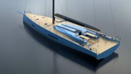 Baltic 80 Café Racer Sailing Yacht. Modern blue yacht on calm water