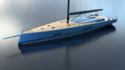 Baltic 80 Café Racer Sailing Yacht. Modern blue sailboat on calm water