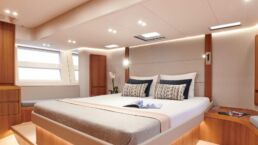 Contest 63CS Sailing Yacht Interior. Modern yacht bedroom with stylish decor.