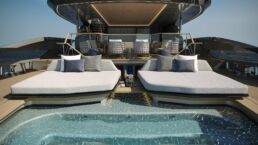 Tankoa Yachts T520 Fenice. Luxury yacht deck with pool and sunbeds.