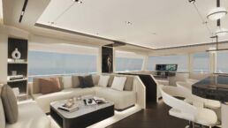 Luxury yacht interior with modern decor and ocean view.