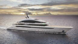 Motor Yacht Design Volare De Basto Oceanco. Luxurious yacht cruising at sunset on the ocean.