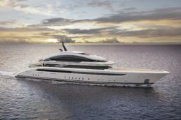 Motor Yacht Design Volare De Basto Oceanco. Luxurious yacht cruising at sunset on the ocean.