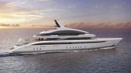 Motor Yacht Design Volare De Basto Oceanco. Luxury yacht sailing at sunset on the ocean.