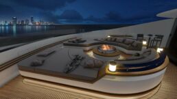 Motor Yacht Design Volare De Basto Oceanco. Luxury yacht deck with city skyline at night