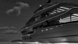 Triple X Vripack Yacht Design. Luxury yacht illuminated under starry night sky