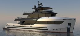 Bering 105 Motor Yacht. Luxury yacht sailing at sunset