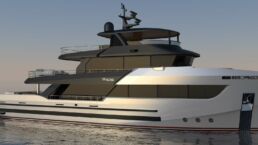 Bering 105 Motor Yacht. Luxury yacht sailing at sunset