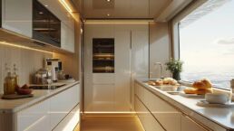 Bering 105 Motor Yacht Interior. Modern yacht kitchen with ocean view and breakfast.