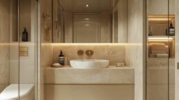 Bering 105 Motor Yacht Interior. Luxury marble bathroom with modern design elements.