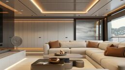 Luxurious modern yacht interior with ocean view