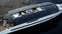 GX Superyachts 42 Coupe. Luxury yacht deck with solar panels and hot tub.