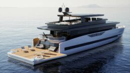 GX Superyachts 42 Raised Pilot House. Luxurious modern yacht on calm sea water.