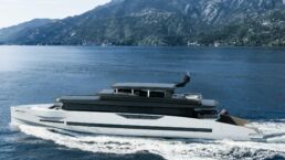 GX Superyachts 42 Raised Pilot House. Modern yacht cruising near mountainous coastline