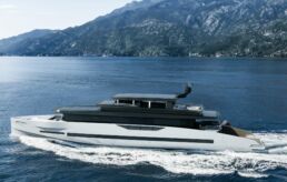 GX Superyachts 42 Raised Pilot House. Modern yacht cruising near mountainous coastline