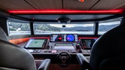 SAN Yacht Interior. Boat cockpit with modern navigation screens and controls.